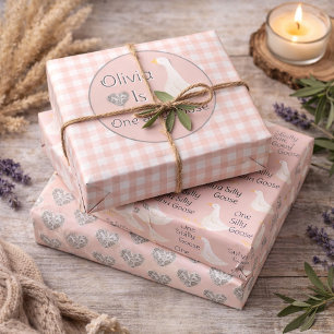 One Silly Goose Pink Girl's Birthday Party Wrapping Paper Sheet