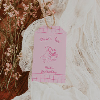 One Silly Goose Pink Hand Drawn Girl 1st Birthday  Gift Tags