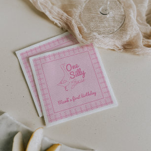 One Silly Goose Pink Hand Drawn Girl 1st Birthday Napkin