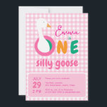 One Silly Goose Pink Plaid Girl 1st Birthday Party Invitation<br><div class="desc">For a baby girl's first birthday with the theme "one silly goose". The background is pink and white gingham chequered plaid pattern. The word ONE has each letter in a different colour: pink, orange and green, and a white goose's head pops from the big O. The name is written in...</div>