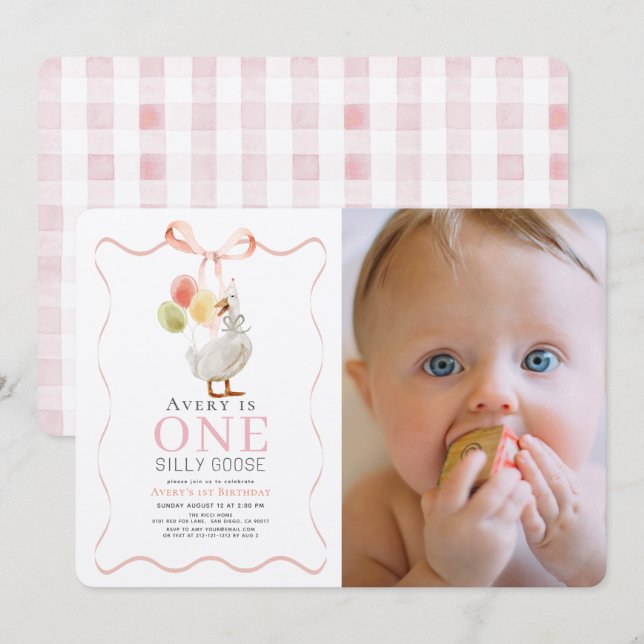 One Silly Goose Pink Ribbon Photo 1st Birthday Invitation (Front/Back)
