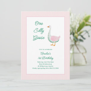 One Silly Goose Pink Stripe Girl First Birthday Invitation