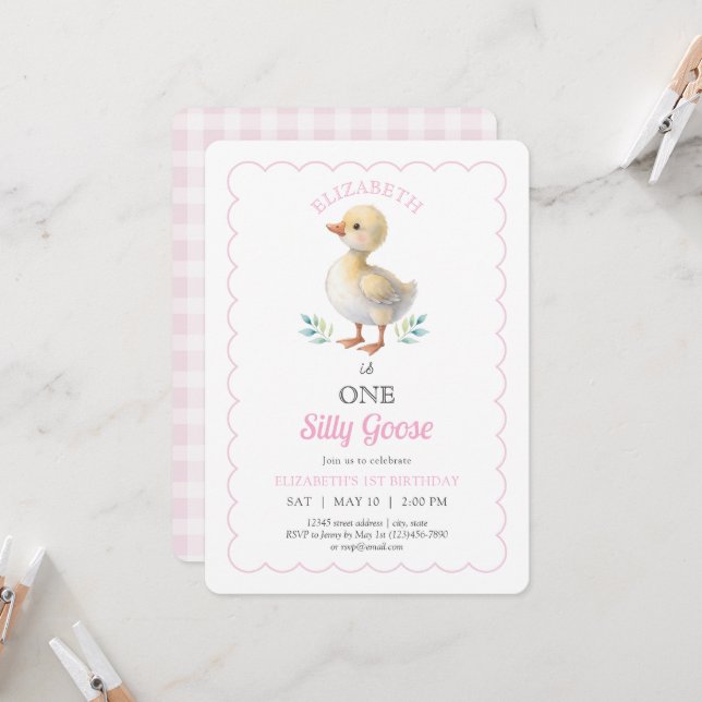 One Silly Goose Pink Whimsical Girl First Birthday Invitation (Front/Back In Situ)