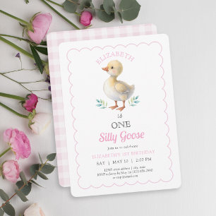 One Silly Goose Pink Whimsical Girl First Birthday Invitation