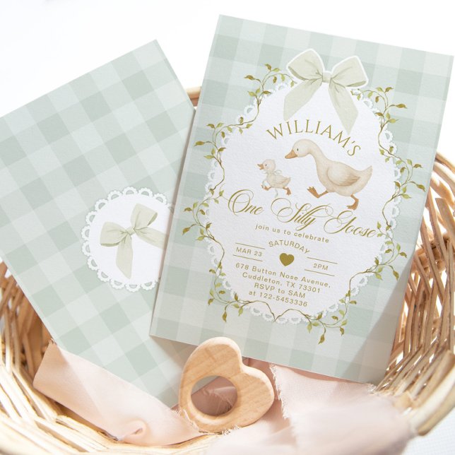 One Silly Goose Pistachio Gingham 1st Birthday Invitation (Creator Uploaded)