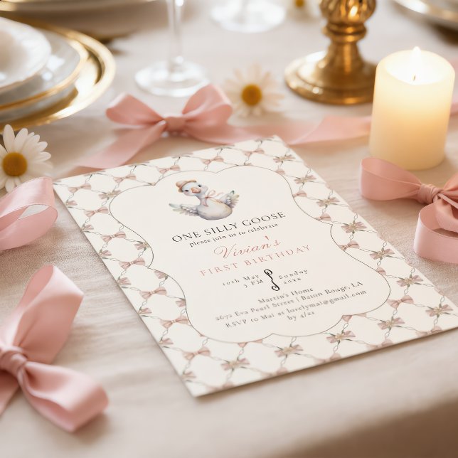 One Silly Goose Preppy Bow 1st Birthday Invitation (Creator Uploaded)