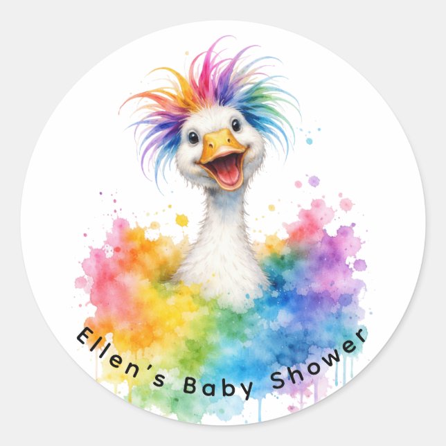 One Silly Goose Rainbow Baby Shower Classic Round Sticker (Front)