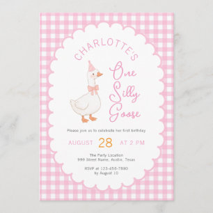 One Silly Goose Rustic Pink Gingham Girl Birthday Invitation