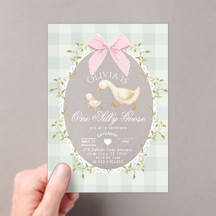 One Silly Goose Sage Gingham Bow girl 1st Birthday Acrylic Invitations