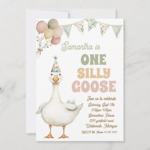 One Silly Goose Sage Green Girl 1st Birthday Invitation