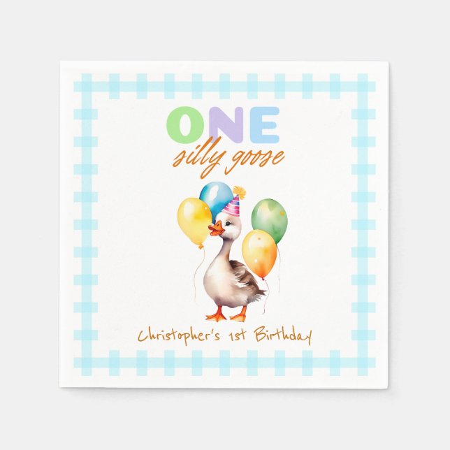 One Silly Goose Soft Blue Gingham Boy 1st Birthday Napkin (Front)