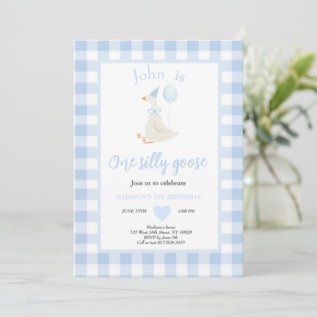 One Silly Goose Spring Blue First Birthday Party Invitation (Standing Front)