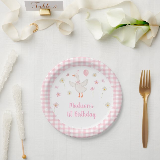 One Silly Goose Spring Pink Daisy First Birthday Paper Plate (Wedding)