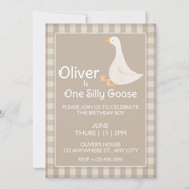 One Silly Goose Tan Gingham First Birthday Party Invitation (Front)
