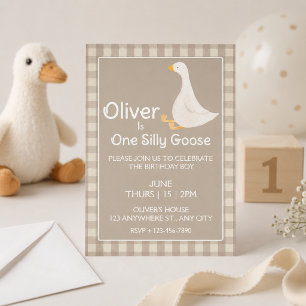 One Silly Goose Tan Gingham First Birthday Party Invitation