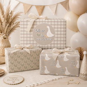 One Silly Goose Tan Gingham First Birthday Party Wrapping Paper Sheet
