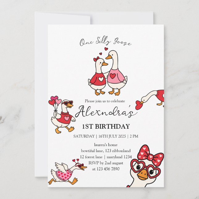 One Silly Goose Valentine 1st Birthday  Invitation (Front)