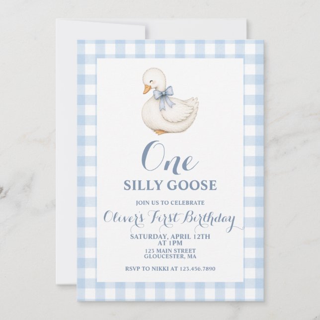 One Silly Goose Vintage blue plaid Invitation (Front)