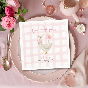 One Silly Goose Vintage Pink Duck 1st Birthday Napkin