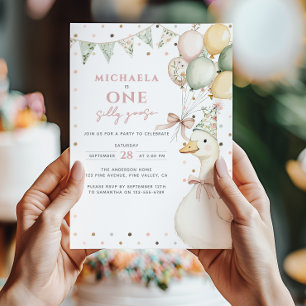 One Silly Goose Watercolor First Birthday Invitation