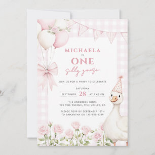 One Silly Goose Watercolor First Birthday Pink Invitation