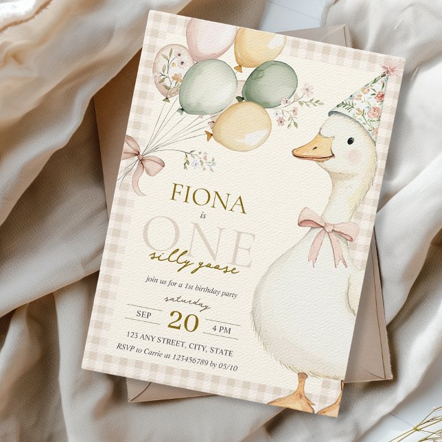 One Silly Goose Watercolor Gingham 1st Birthday Invitation (One Silly Goose 1st Birthday Invitation Gender Neutral Watercolor Cute Theme Mother Goose Gingham)