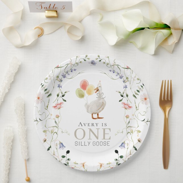 One Silly Goose Wildflower Floral 1st Birthday Paper Plate (Wedding)