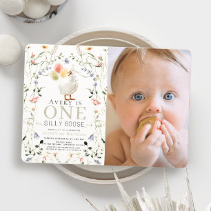 One Silly Goose Wildflower Photo 1st Birthday Invitation