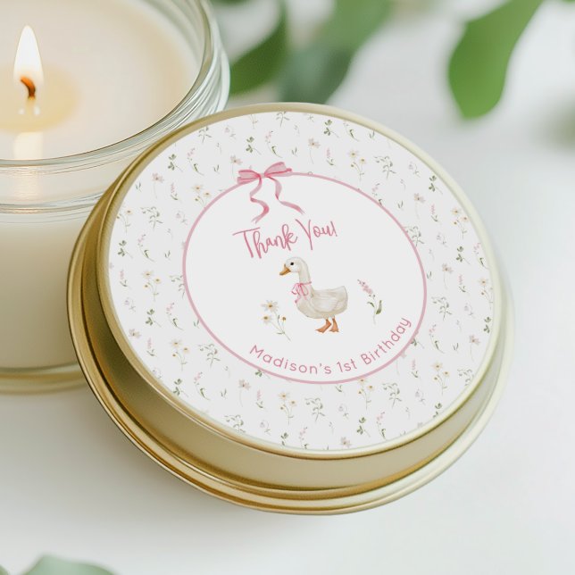 One Silly Goose Wildflower Pink Bow 1st Birthday  Classic Round Sticker (Creator Uploaded)