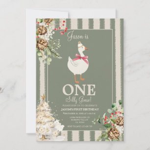 One Silly Goose Winter Greenery Pine 1st Birthday Invitation