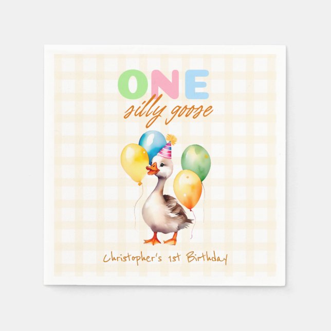 One Silly Goose Yellow Gender Neutral Gingham  Napkin (Front)