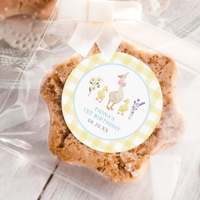 One Silly Goose Yellow Gingham 1st Birthday Classic Round Sticker (Creator Uploaded)
