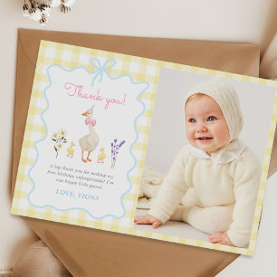 One Silly Goose Yellow Gingham 1st Birthday Photo Thank You Card
