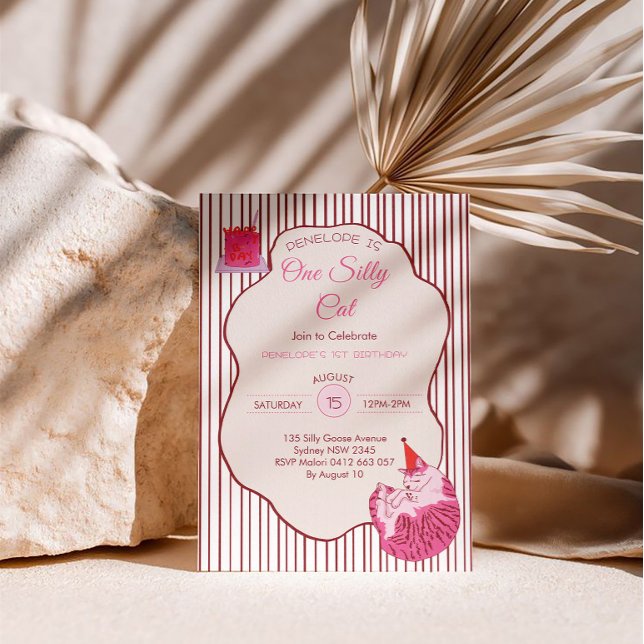 One Silly Pink Kitty 1st Birthday Invitation (Creator Uploaded)