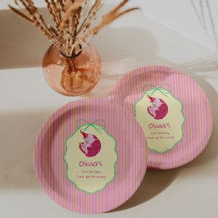 One Sleepy Cat 1st Birthday – Yellow Stripes Paper Plate