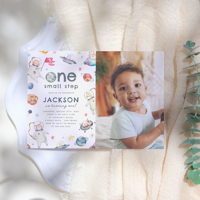 One Small Step | Space Animals 1st Birthday Photo Invitation (Creator Uploaded)