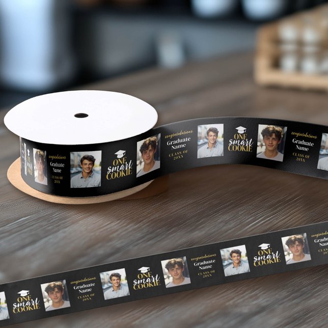 One Smart Cookie - Black Gold - Graduation 2 Photo Satin Ribbon (Custom Graduation Ribbon)