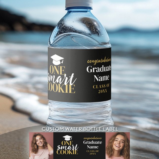 One Smart Cookie - Black Gold - Graduation 2 Photo Water Bottle Label (Custom Graduation Water Bottle Label)