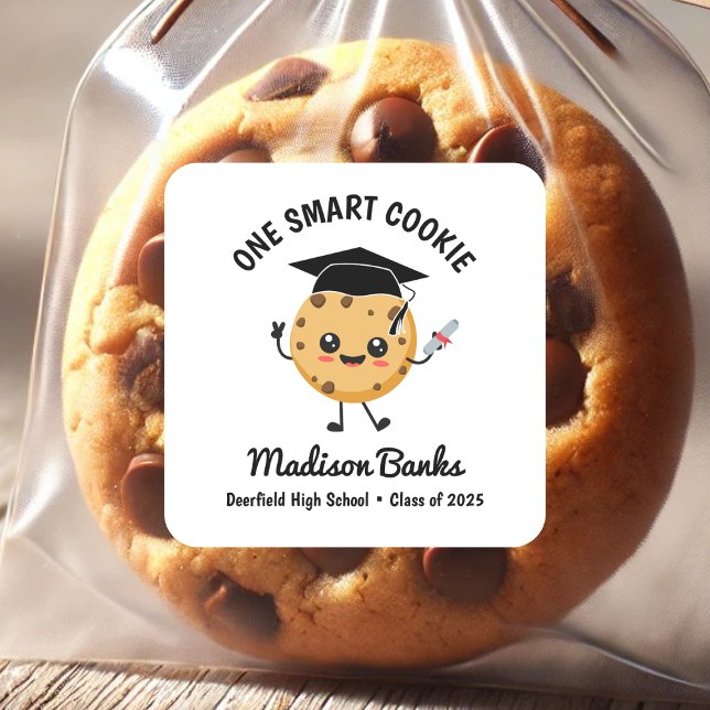 "One Smart Cookie" Cute Funny Graduation Dessert Square Sticker (Creator Uploaded)