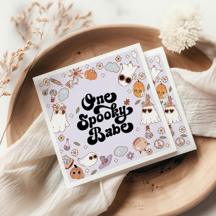 One Spooky Babe Purple Groovy Halloween Birthday Napkin