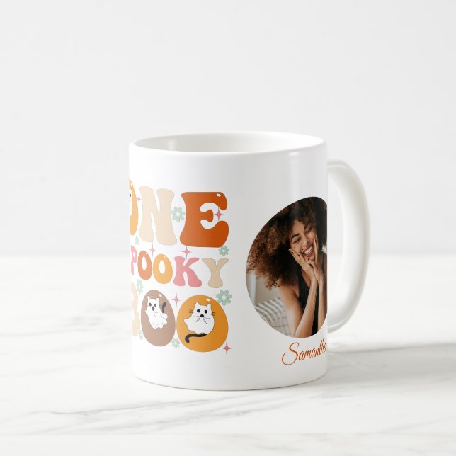 One Spooky Boo Groovy Halloween Cat Ghost Photo Coffee Mug (Front Right)