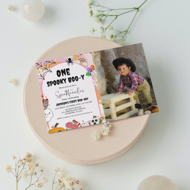 One spooky Boo-y Ghost halloween groovy birthday I Invitation (Creator Uploaded)