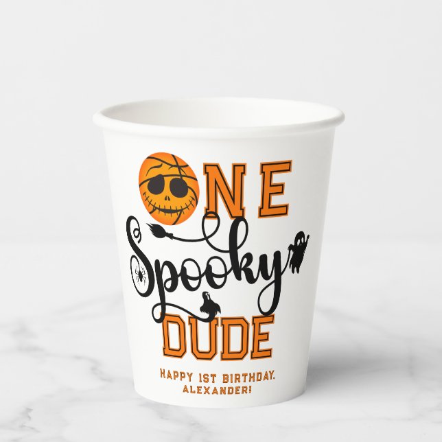 One Spooky Dude Basketball Boys Rad Kids Birthday Paper Cups (Front)