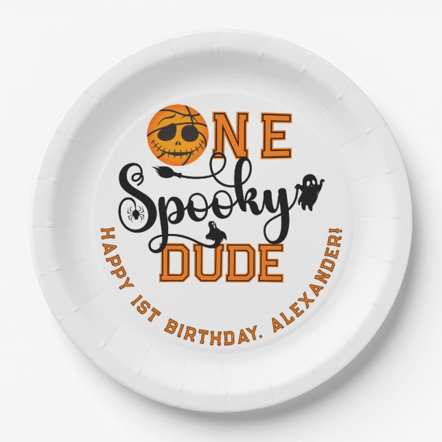One Spooky Dude Basketball Boys Rad Kids Birthday Paper Plate (Front)