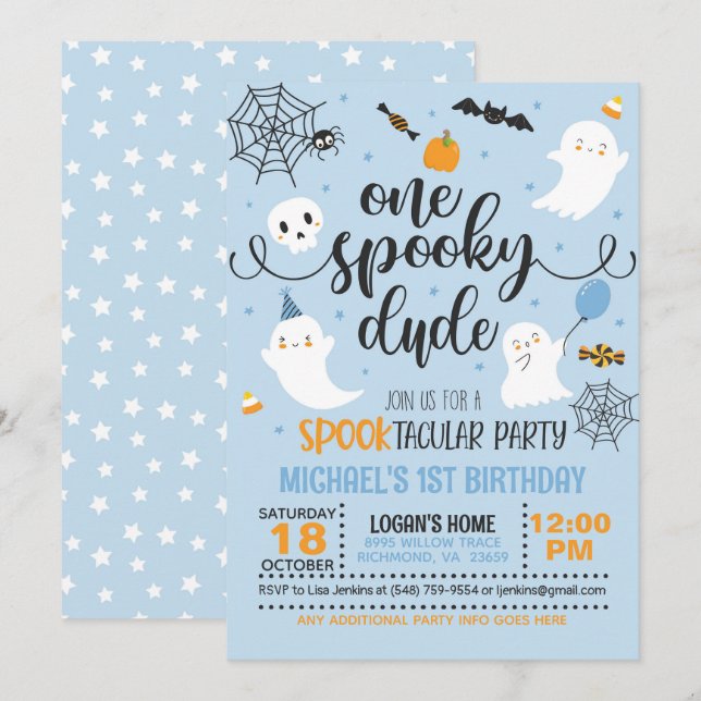 One Spooky Dude Birthday Invitation - Boy (Blue) (Front/Back)