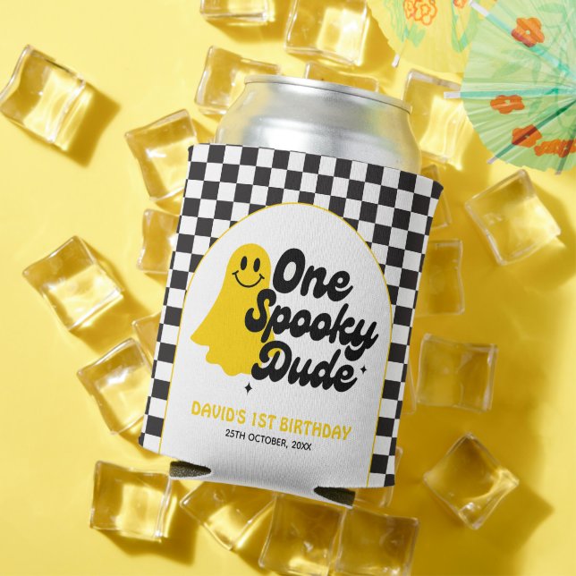 One Spooky Dude Groovy Halloween First Birthday Can Cooler (In Situ Summer)