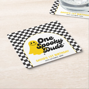 One Spooky Dude Groovy Halloween First Birthday Square Paper Coaster