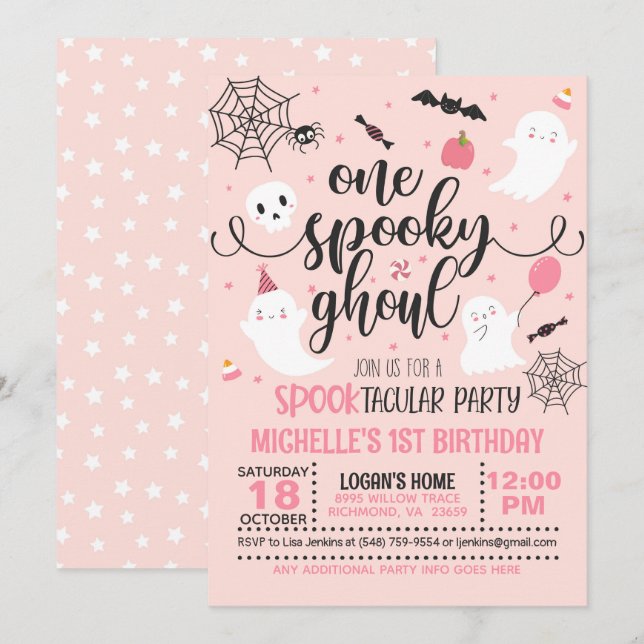 One Spooky Ghoul Birthday Invitation - Girl (Pink) (Front/Back)