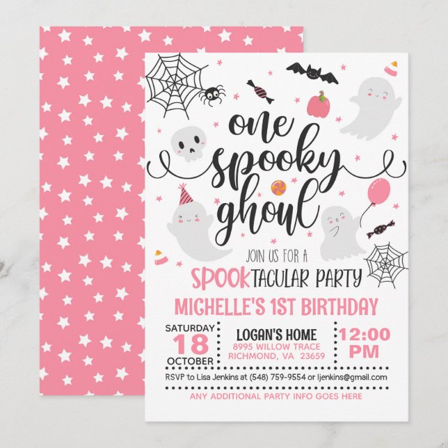 One Spooky Ghoul Birthday Invitation - Girl (Wh/P) (Front/Back)