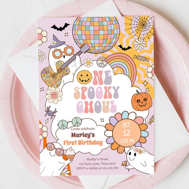 One Spooky Ghoul Retro Halloween First Birthday Invitation (Creator Uploaded)